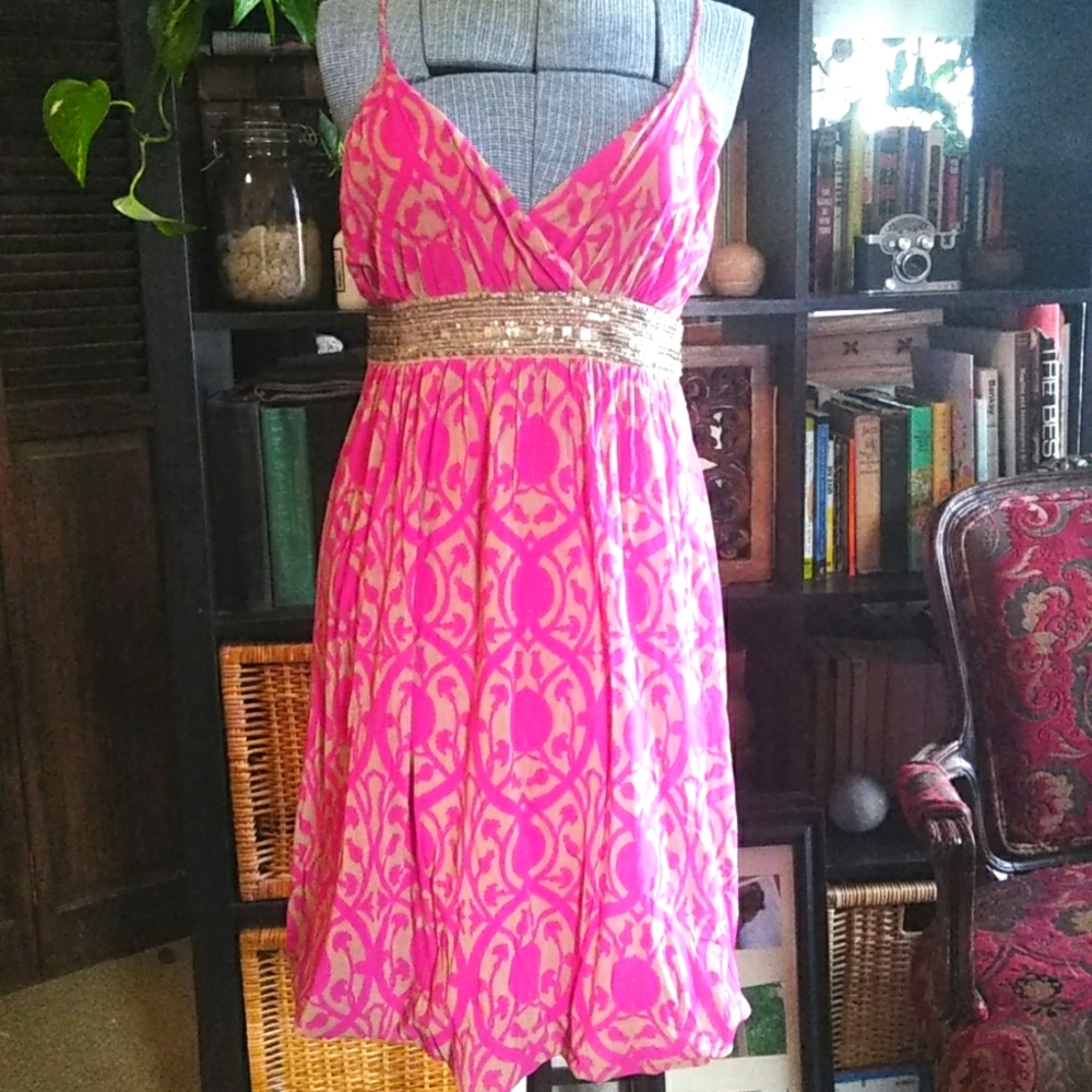 EUC Anthropologie - beaded pink ikat slip dress, size L